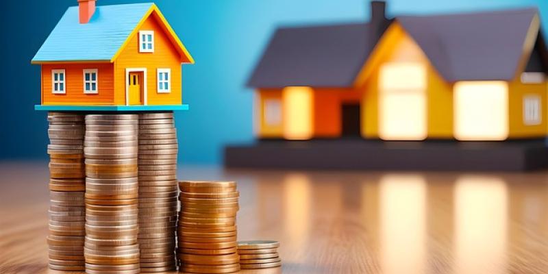 A house sitting on a stack of coins with another house in the background